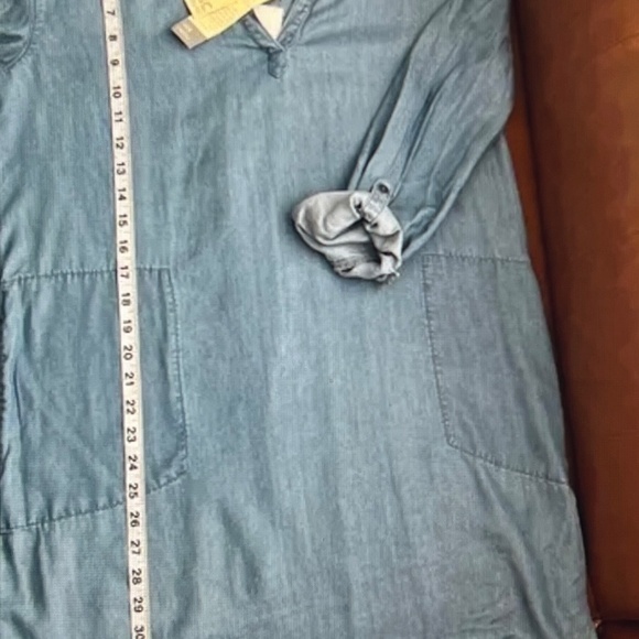C&C California Blue Denim Tunic Shirt Dress Collared Roll Tab Sleeve Size Large - Picture 12 of 13